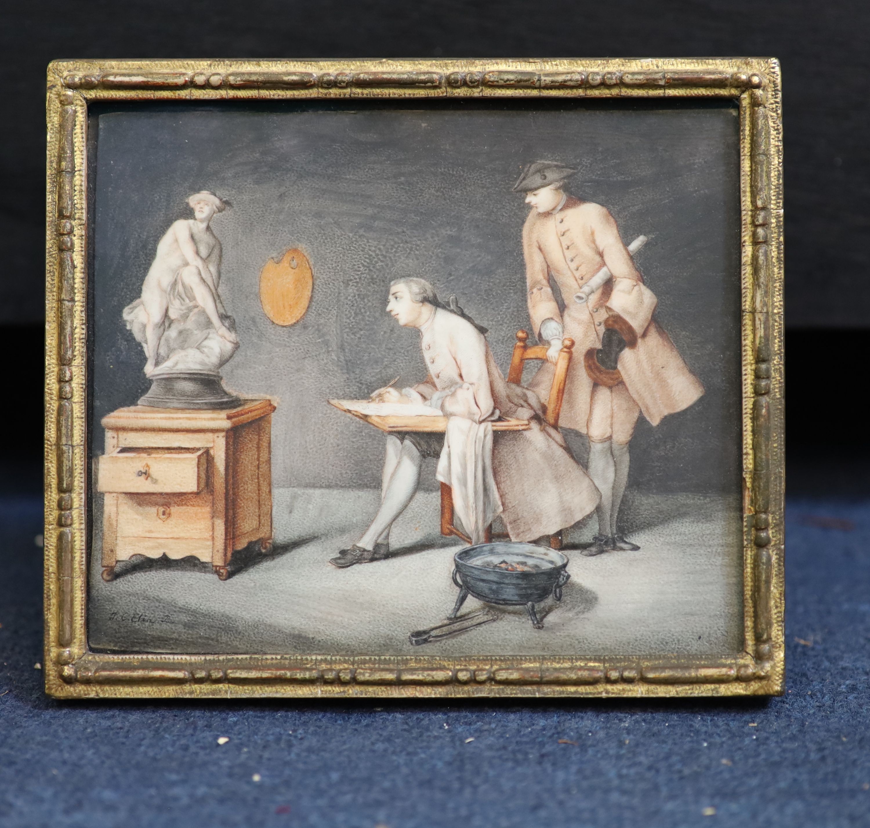 Johann Christien Elin (1733-), A young gentleman sketching from the antique, supervised by his drawing master, Ink and watercolour on ivory, 12.5 x 14.5cm.